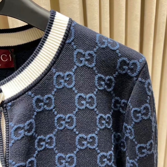 Gucci GG Logo Monogram Striped Jacquard Knit Cotton Cardigan in Navy size Large - Picture 6 of 8